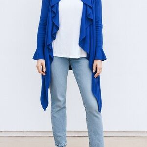 Hot in Hollywood Flowy Blue Ruffle Front Open Cardigan Sweater